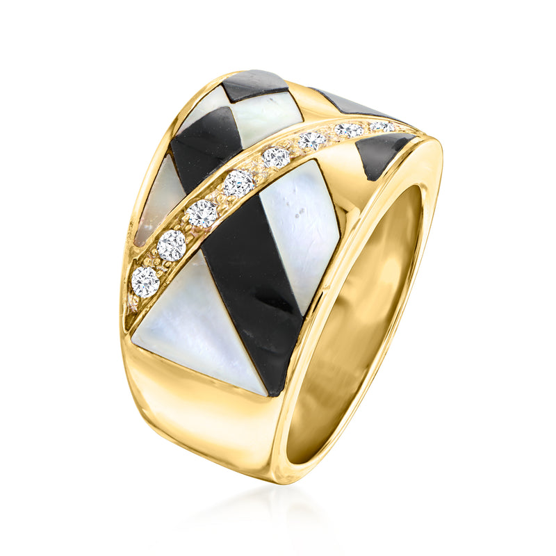 Asch Grossbardt mother-of-pearl and onyx ring with diamonds in yellow gold