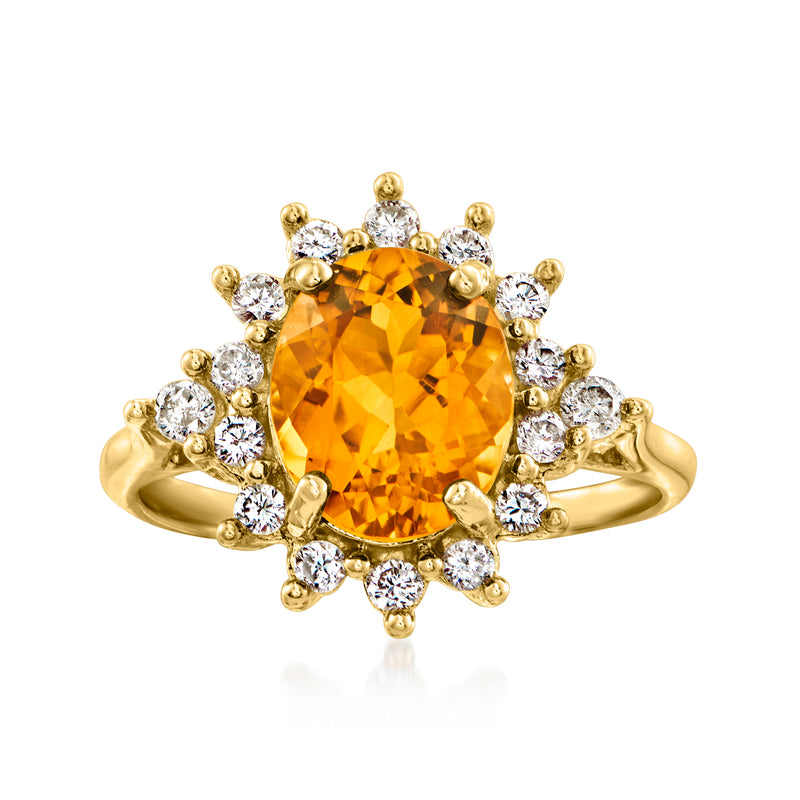 14kt yellow gold citrine oval ring with round diamond halo and split shank