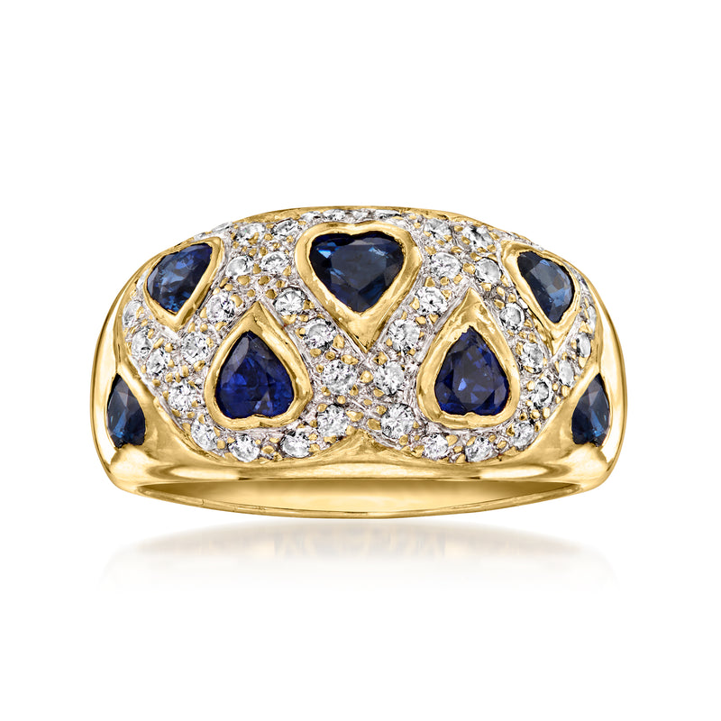 18kt yellow gold heart ring with sapphire heart inlays and diamond pavé