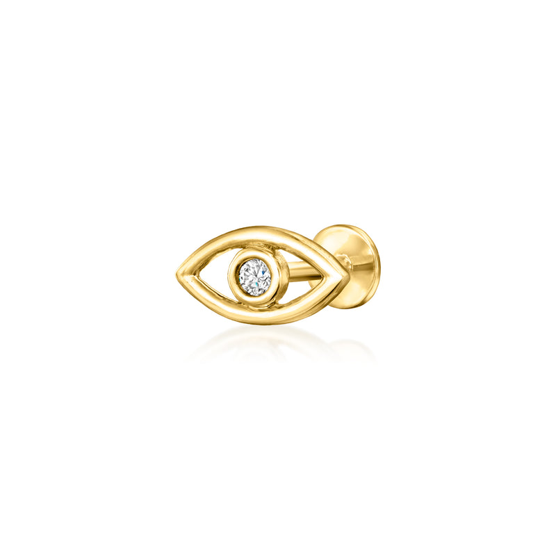 14kt yellow gold evil eye stud earring with a round diamond center