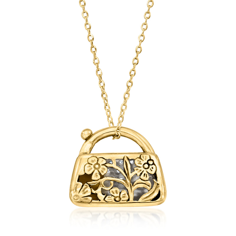 18kt yellow gold purse pendant with engraved floral design and diamond accents on chain