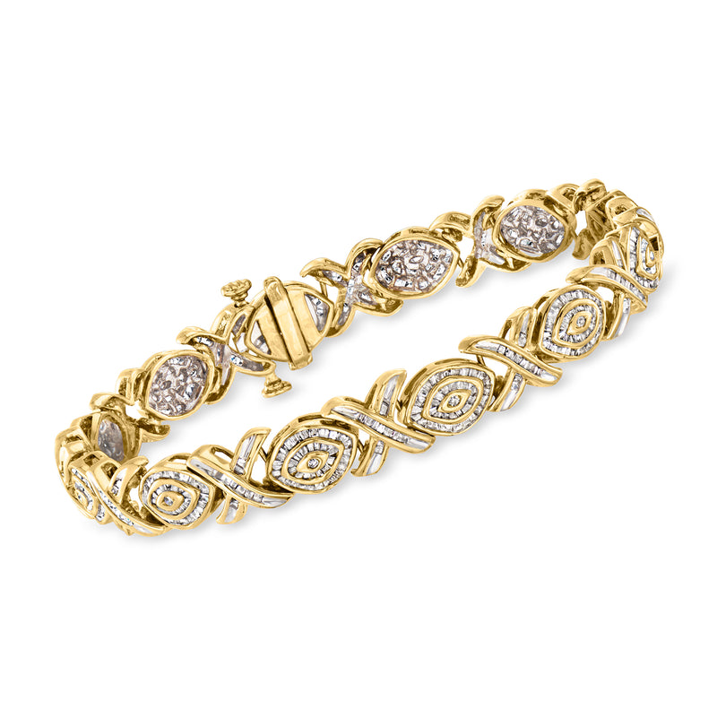 10kt yellow gold XO-link diamond bracelet with round clear stones in X and O links
