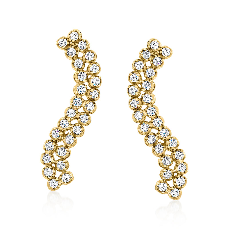 14kt yellow gold wave drop earrings with round diamond cluster drops