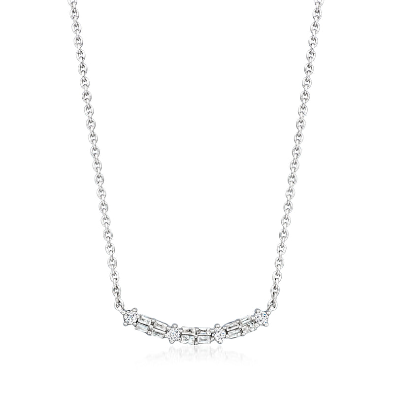 Sterling silver curved bar diamond necklace with round and baguette stones