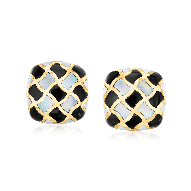 Vintage mother-of-pearl and onyx stud earrings, geometric black mosaic in yellow gold