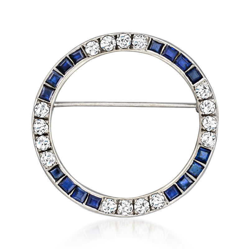 Vintage round sapphire and diamond circle pin in white gold setting