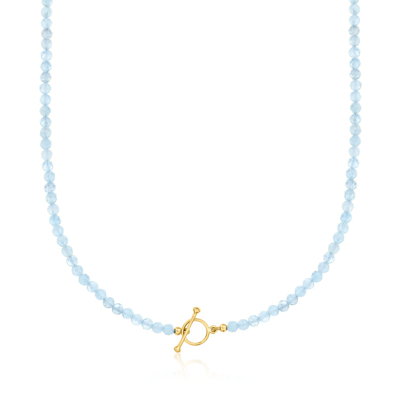 Aquamarine bead toggle necklace with 18kt gold over sterling clasp, round link detail.