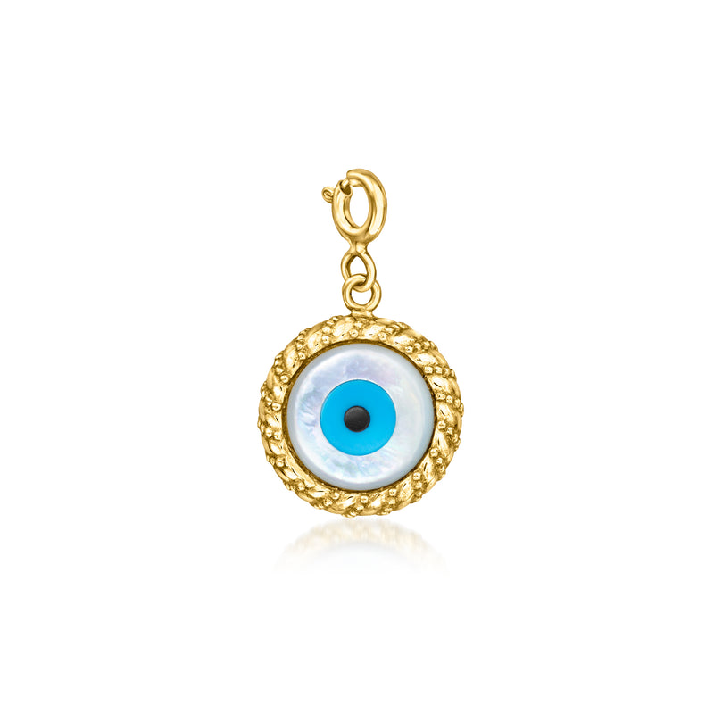 Gold evil eye charm with blue enamel and black center, round bezel