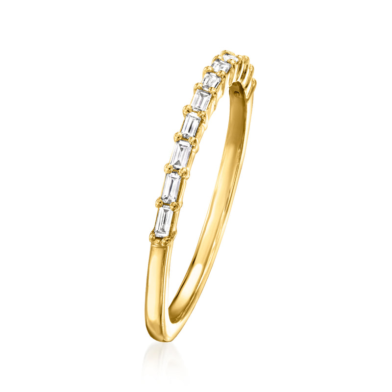 Yellow gold ring side view with baguette-cut diamond accents in a row