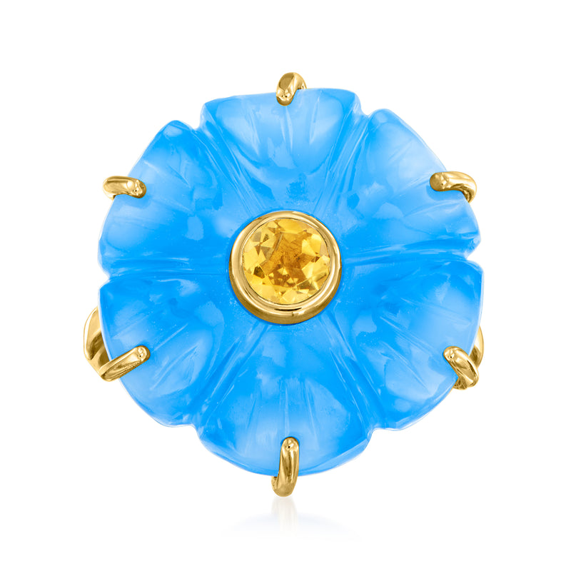 Blue carved chalcedony flower ring with round yellow citrine center in gold setting