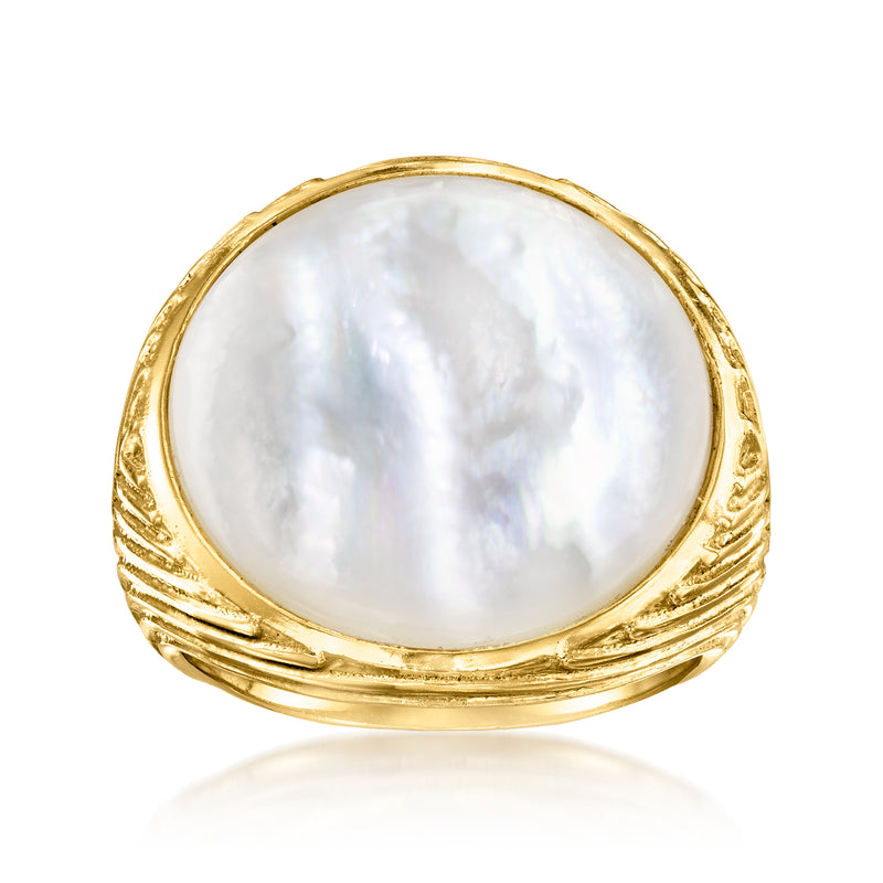 Round mother-of-pearl ring with white iridescent center and gold over sterling bezel