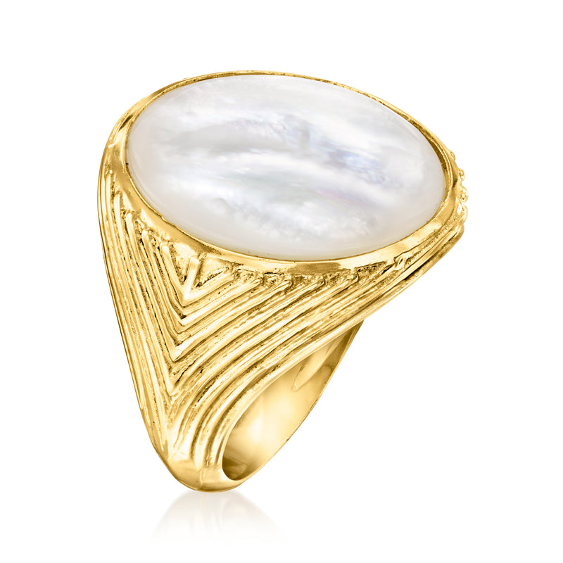 Gold over sterling oval mother-of-pearl signet-style ring with engraved geometric band