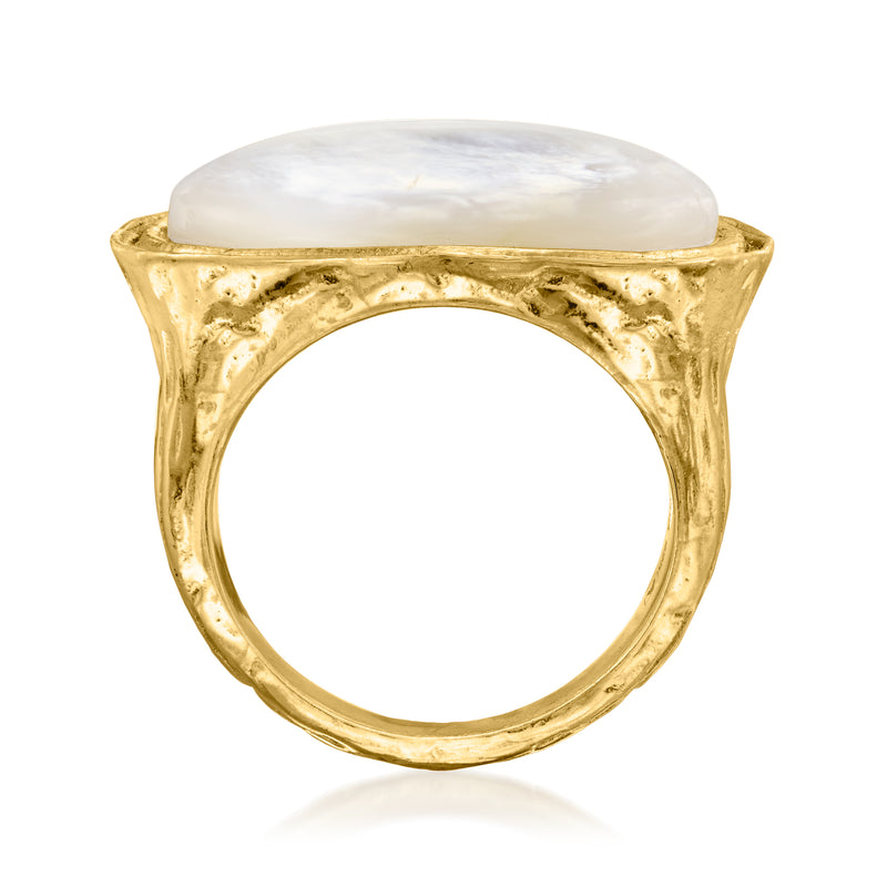 Gold-tone oval mother-of-pearl ring with textured open bezel