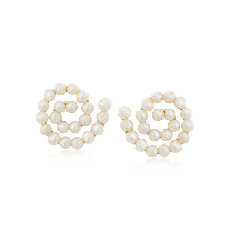 Cultured pearl swirl stud earrings, round bead design, gold-toned setting, post back