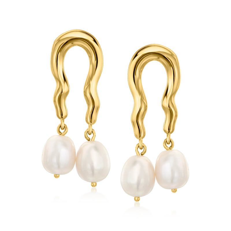 Pair of gold wavy drop earrings with white cultured pearl drops