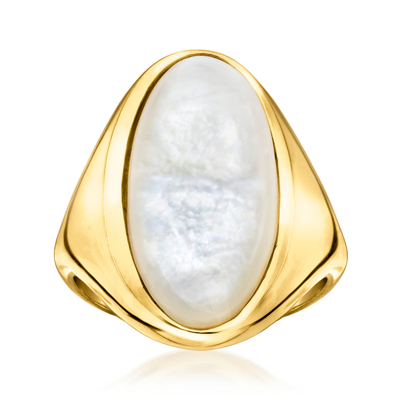 Oval mother-of-pearl ring set in gold-tone bezel, bold signet-style band