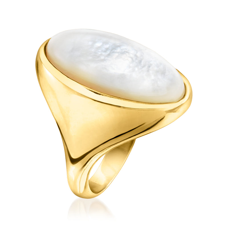 Oval mother-of-pearl ring, gold-tone signet band with smooth rounded edges