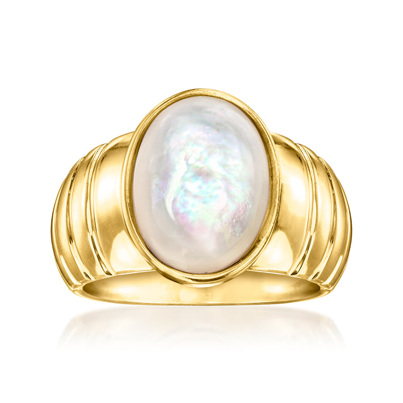 Oval mother-of-pearl ring with gold over sterling band and raised bezel setting