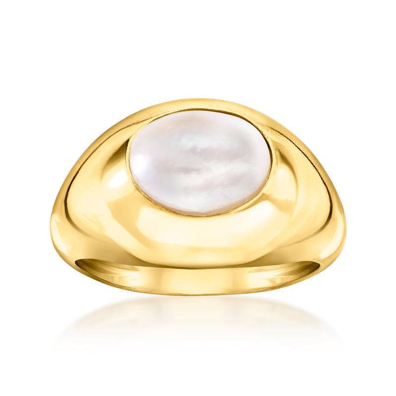 Gold dome ring with oval cultured pearl centerpiece, high-polish setting