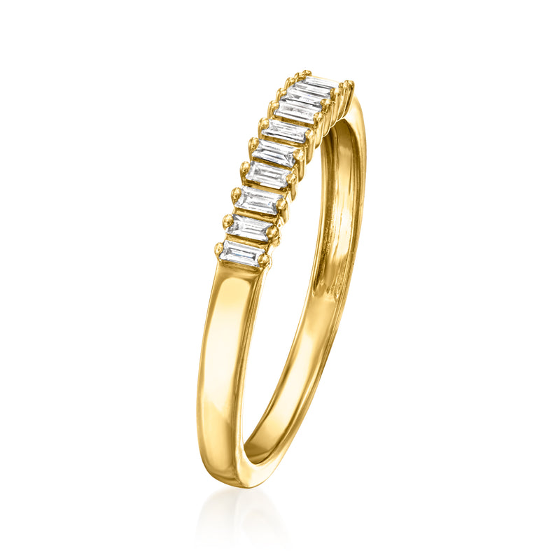 Gold ring with prong-set baguette lab-grown diamonds, angled side view