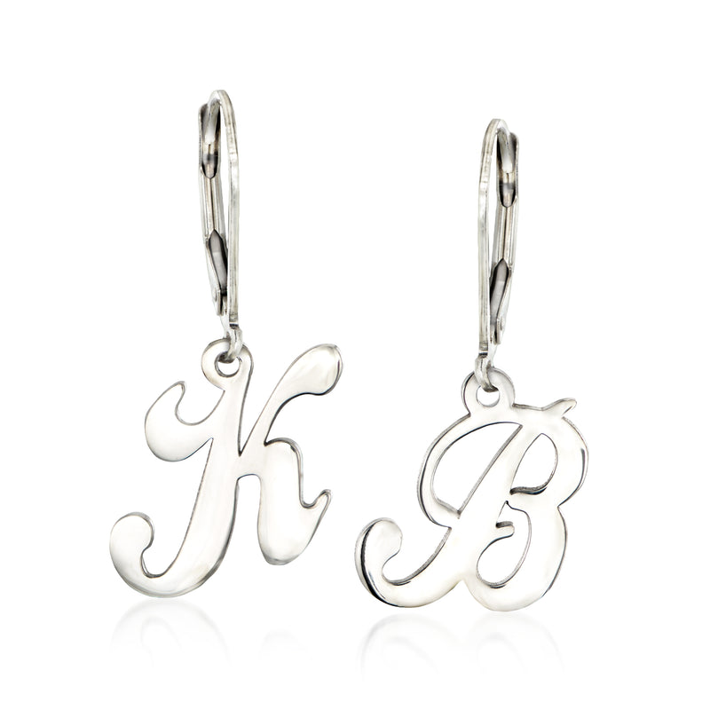 Sterling silver script initial drop earrings with leverback hooks and dangling initial charm