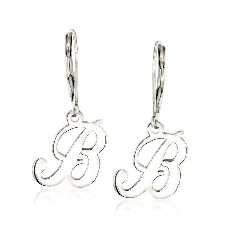 Sterling silver script initial drop earrings, leverback hooks, visible front of initial charm