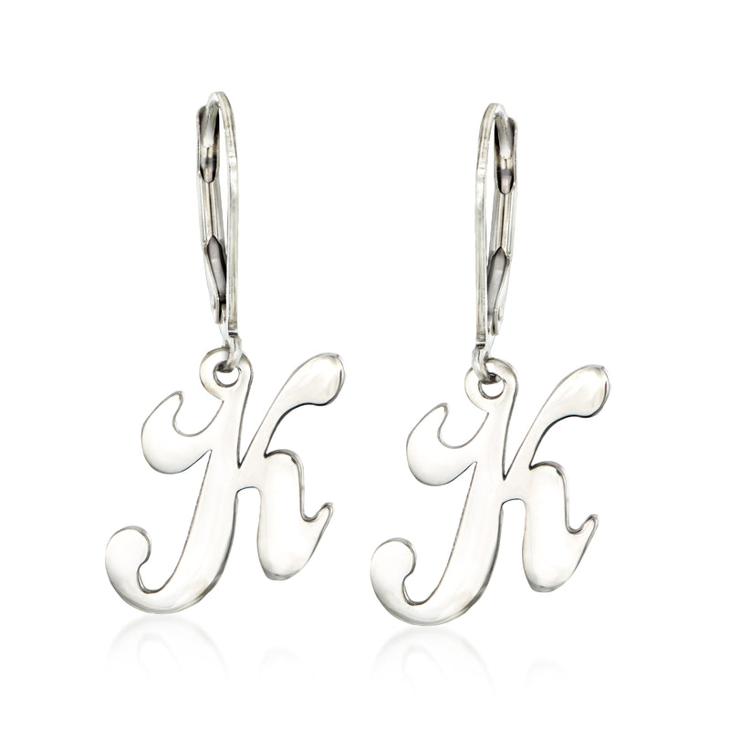 Sterling silver script initial drop earrings with curved script charm and leverback hooks