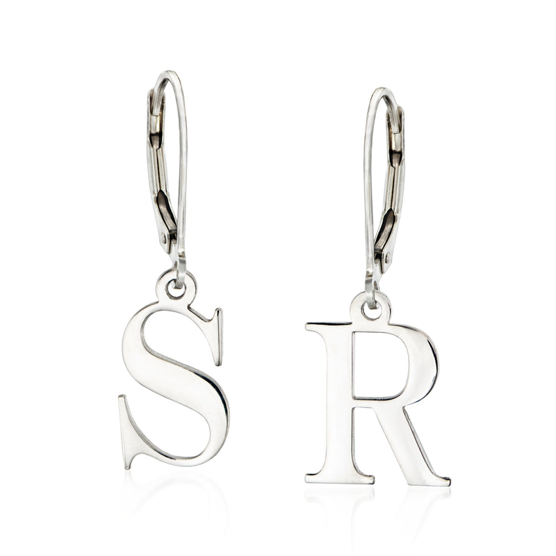 Sterling silver block initial drop earrings, leverback hooks, letter S