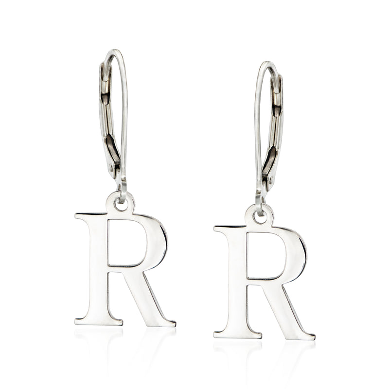 Sterling silver block initial drop earrings, leverback hooks, letter R