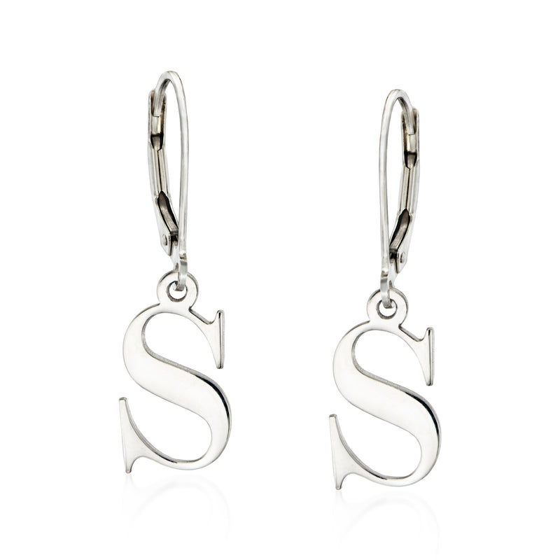 Sterling silver block initial drop earrings, leverback hooks, letter S pair