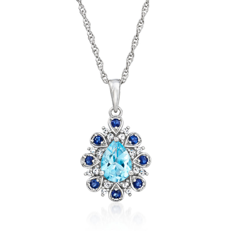 Sterling silver pendant necklace with round sky blue topaz and blue sapphire accents