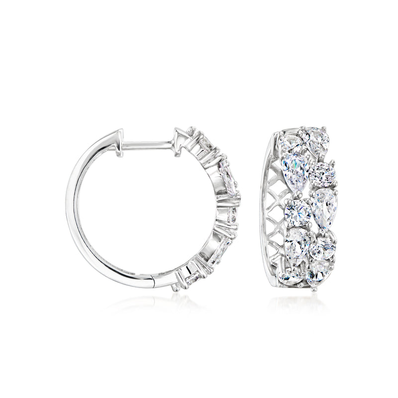 Sterling silver hoop earrings with clustered clear CZ stones, hinged closure
