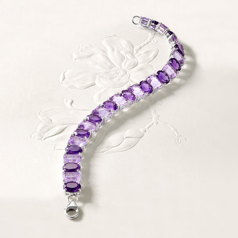 Sterling silver amethyst bracelet with purple rectangular stones and box clasp