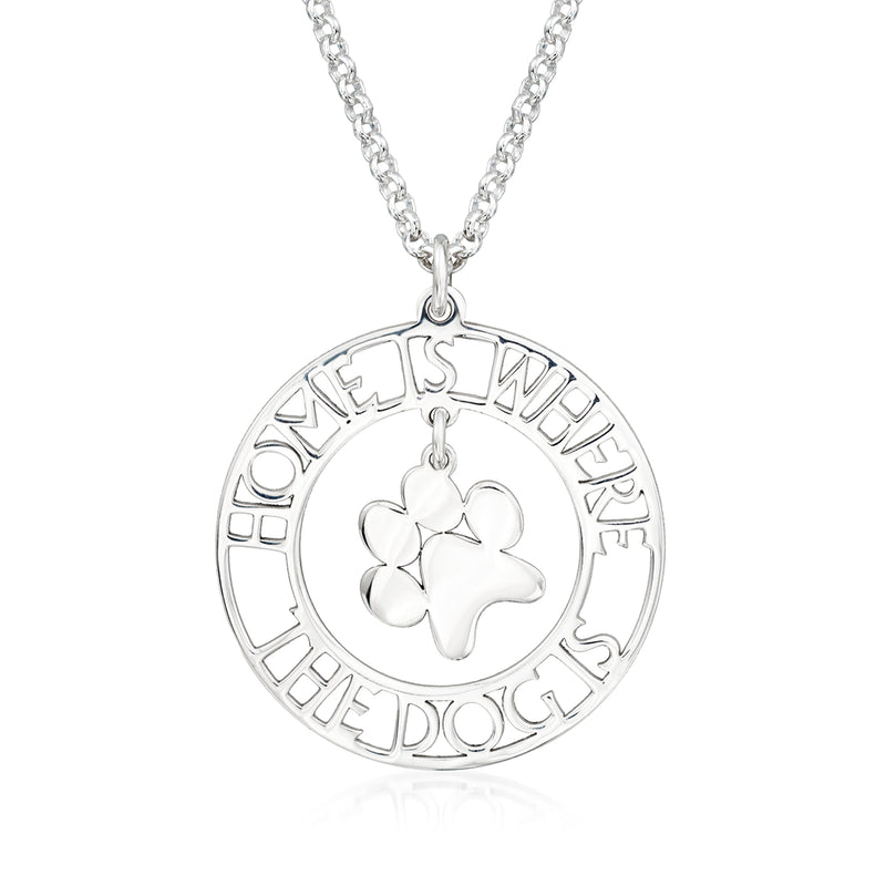 Sterling silver paw print necklace with round pendant and link chain