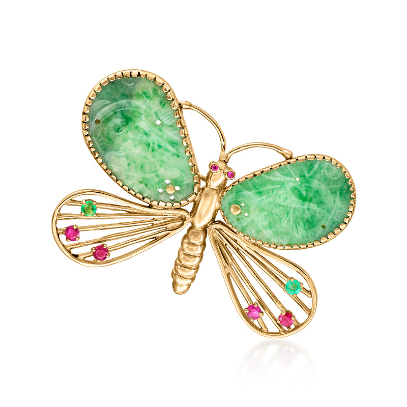Vintage butterfly pin in yellow gold with jade green stones and red/emerald accents
