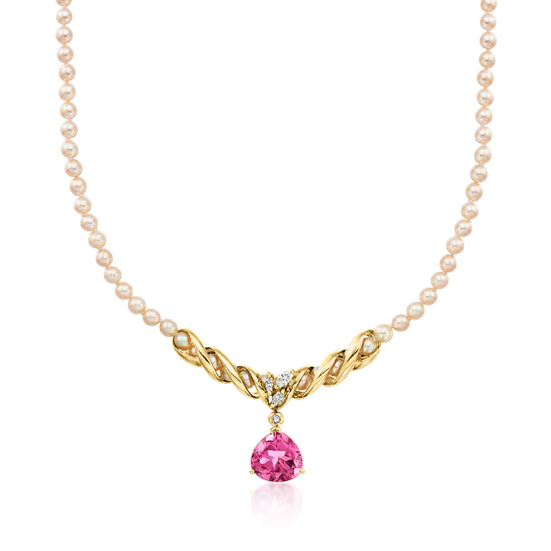 Yellow gold pearl necklace with pink tourmaline drop pendant and diamond accents