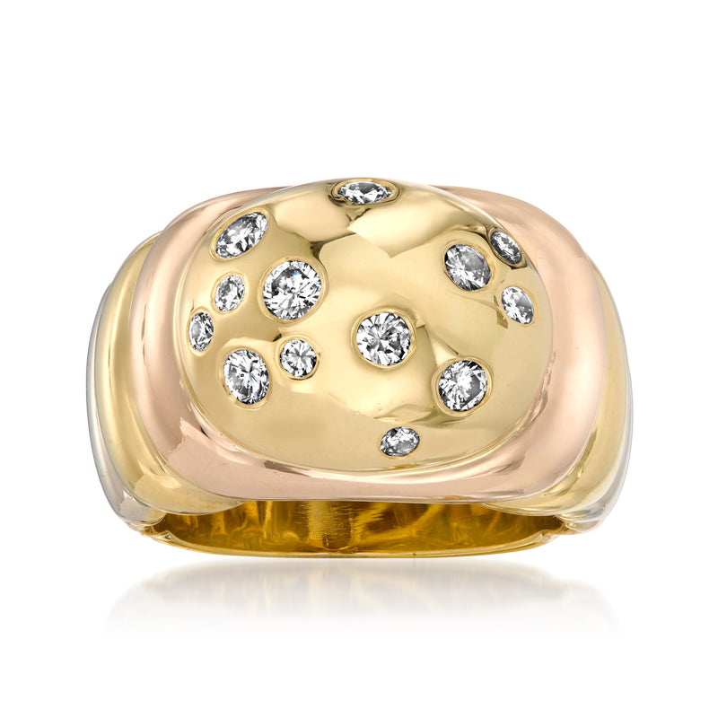 Tri-color gold dome ring with round diamond accents in yellow, rose, and white tones