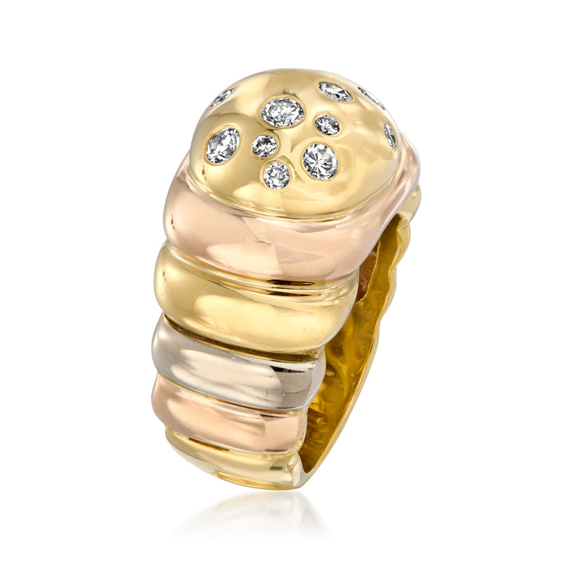 Tri-color gold dome ring with round diamond cluster on top, side view