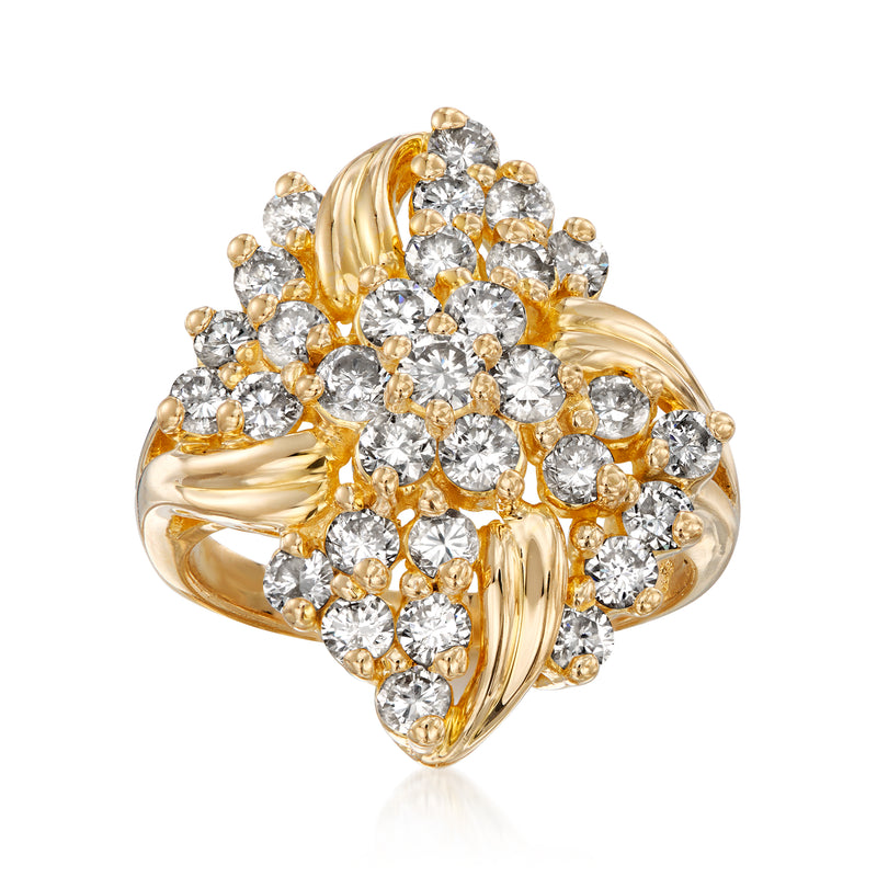 Yellow gold diamond cluster swirl ring with round brilliant stones