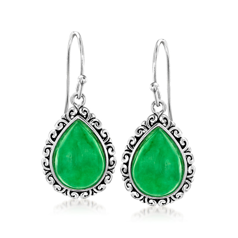 Sterling silver drop earrings with green jade teardrop filigree and earwire