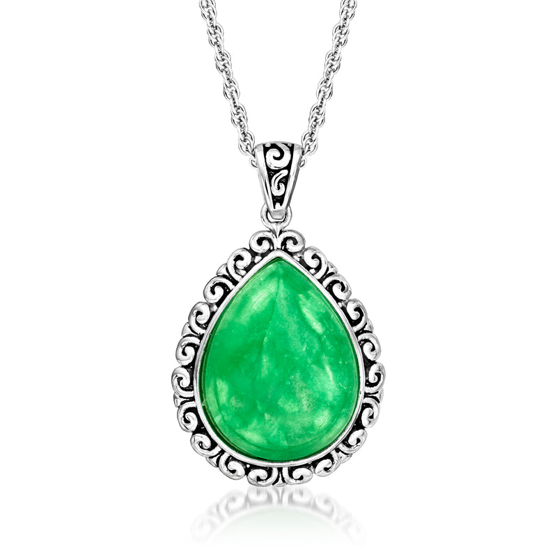 Sterling silver jade teardrop pendant necklace with filigree frame and chain