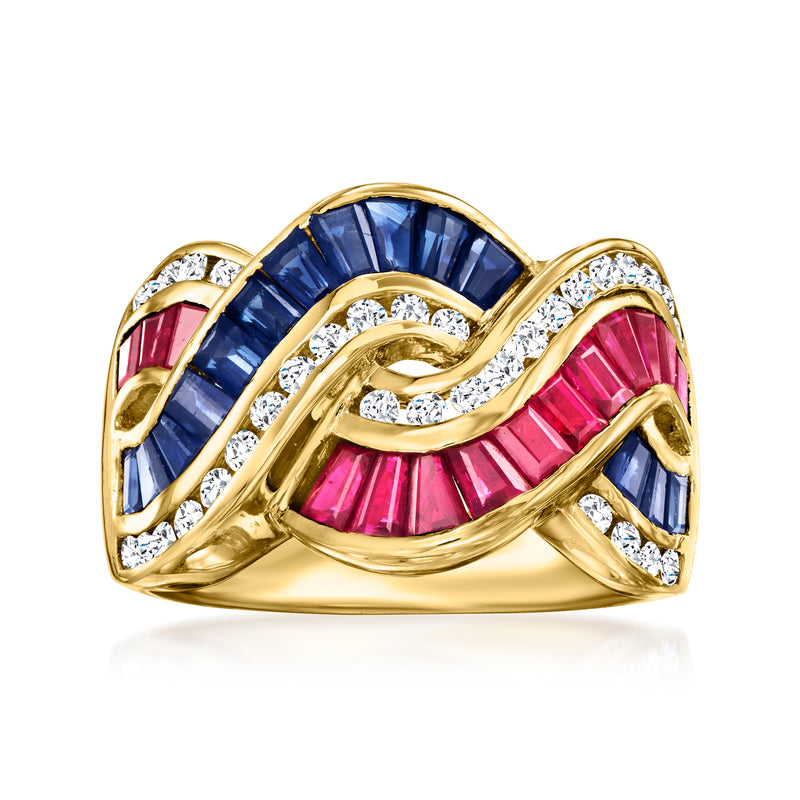 Twisted 18kt yellow gold ring with blue sapphire, pink ruby, and diamond accents