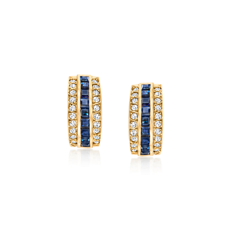 Vintage sapphire and diamond hoop post earrings in 18k yellow gold