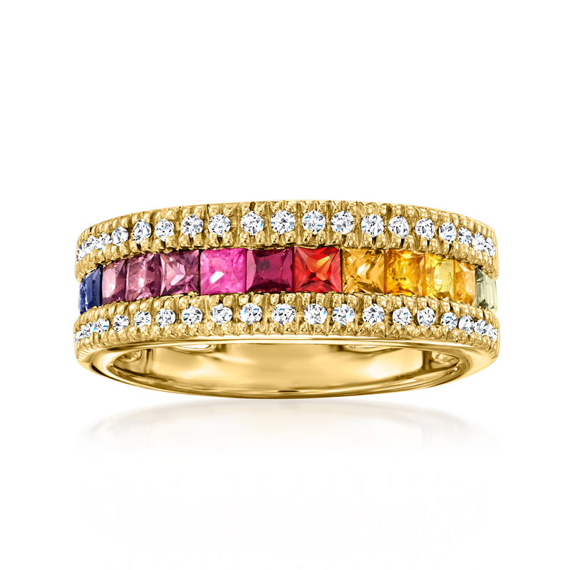 14kt yellow gold multicolored sapphire and diamond band ring with gemstone rows