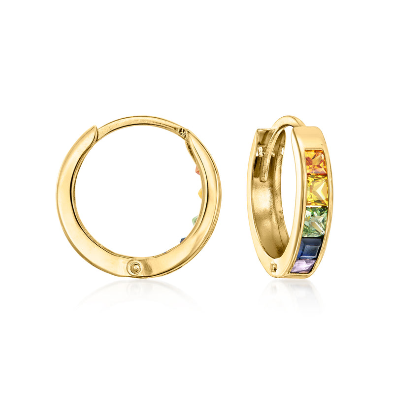 14kt yellow gold multicolored sapphire hoop earrings with round inset stones