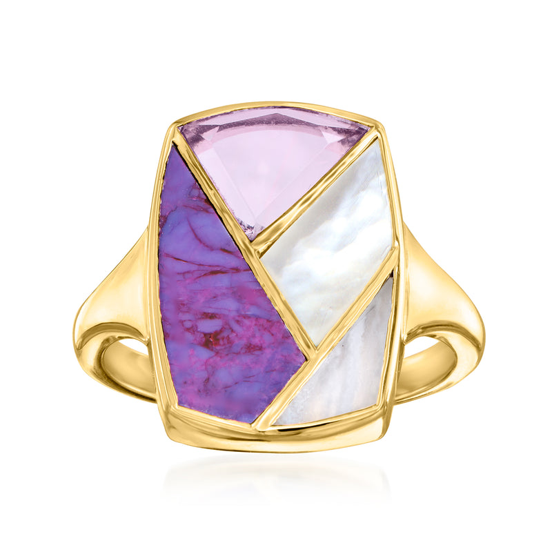 Gold-tone ring with purple and white multi-gem inlay, geometric triangular stones