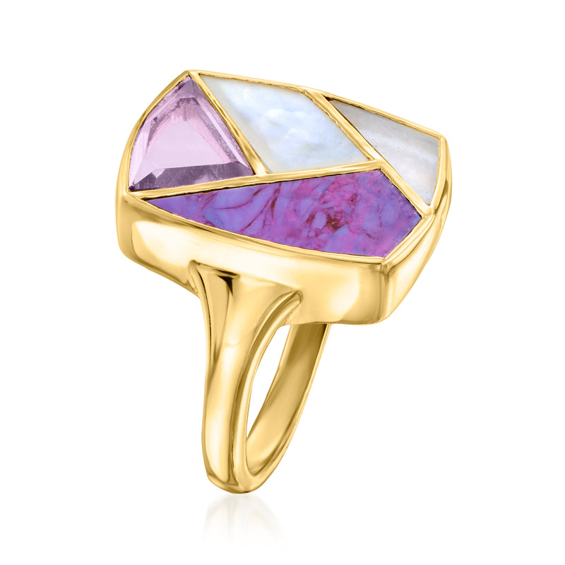 Gold-tone ring with oval purple and white gemstone inlays, wide band