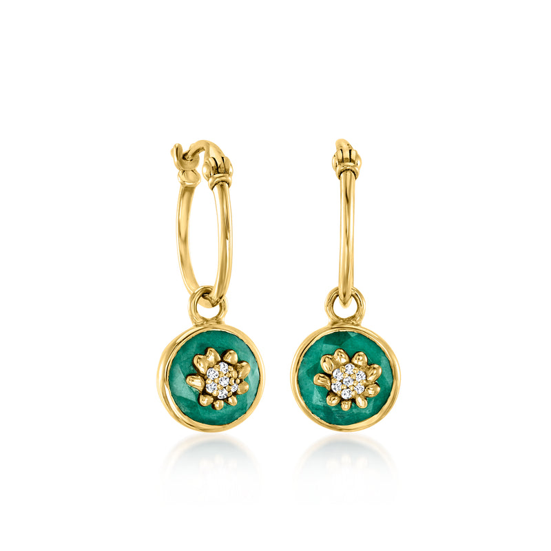 Gold hoop drop earrings with round teal stone and diamond-like flower charm
