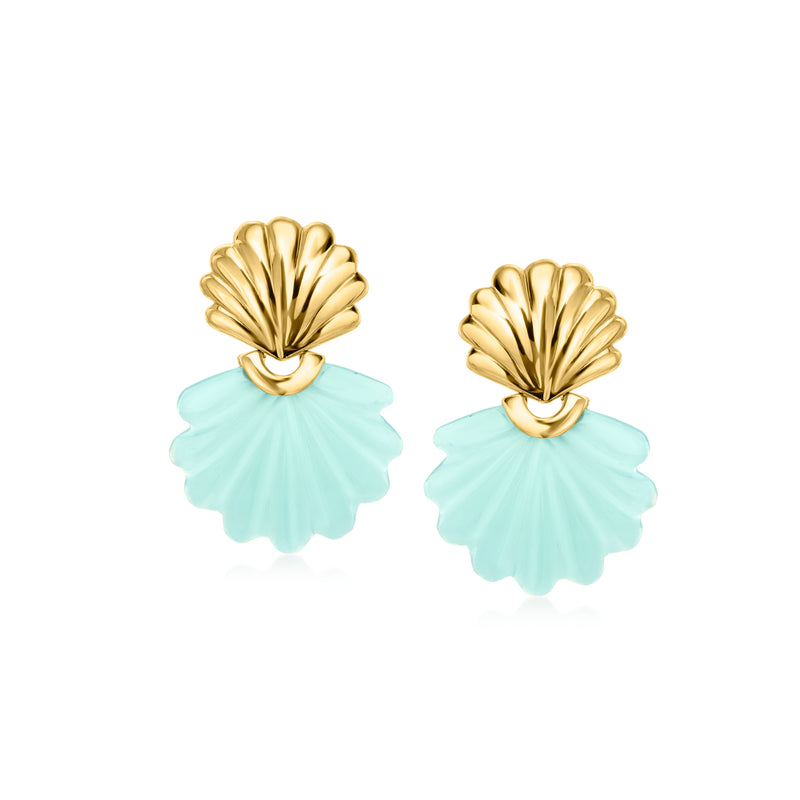 Gold-tone shell cap and light blue carved seashell drop earrings