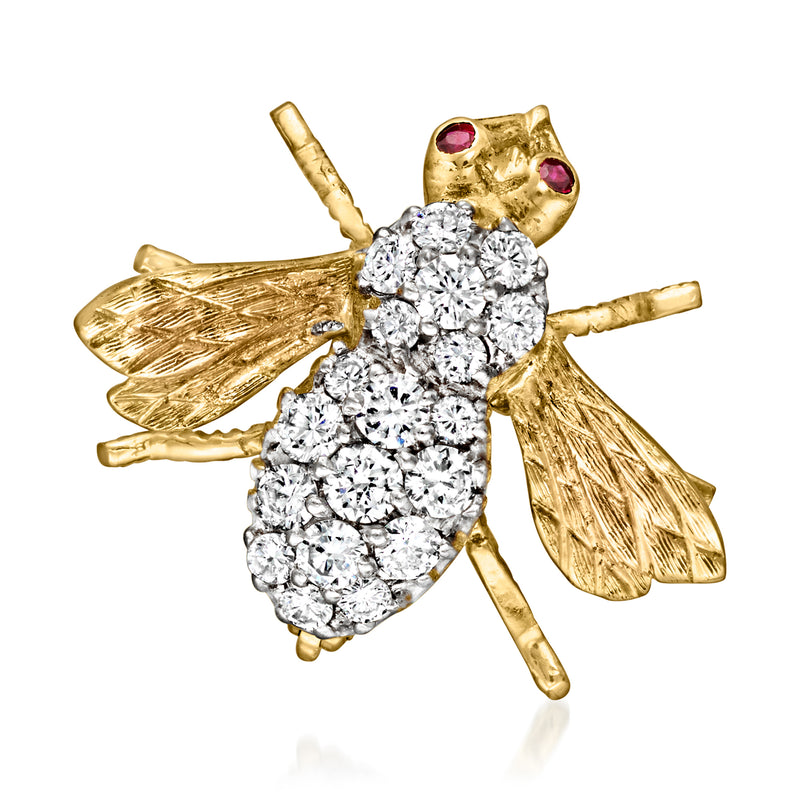 Vintage bee brooch pin: 18kt yellow gold with diamond cluster and ruby eyes